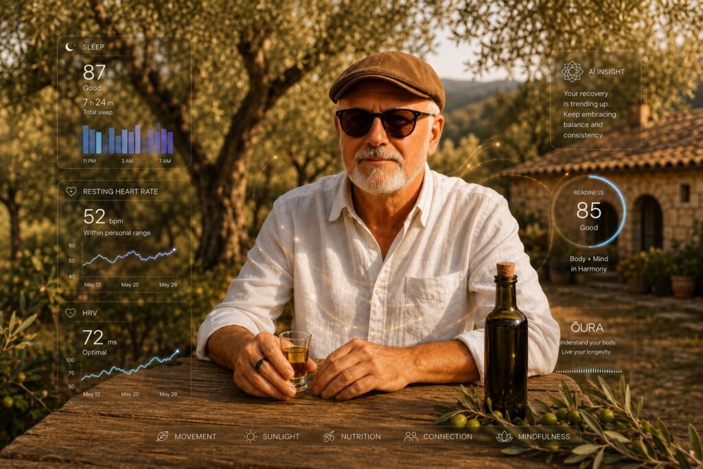 La Longevità founder Frank with Oura ring and Extra Virgin Olive Oil in the Italian sun