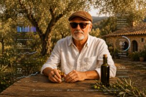 La Longevità founder Frank with Oura ring and Extra Virgin Olive Oil in the Italian sun