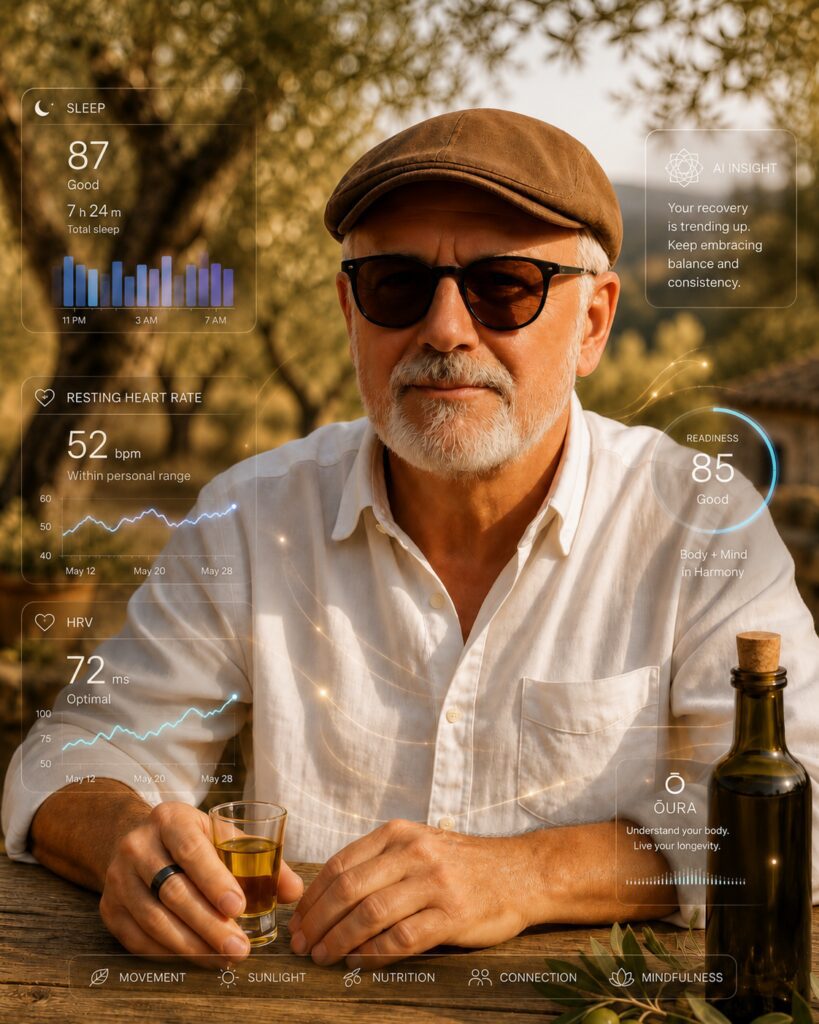 La Longevity founder Frank with Oura ring and Olive Oil